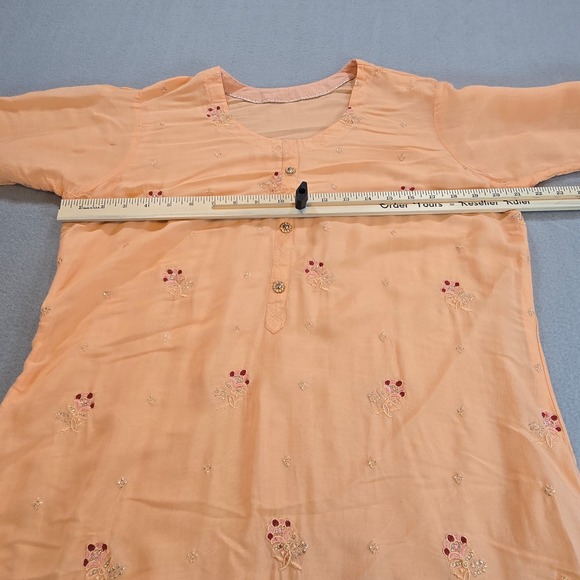 Peach Embroidered Kurta Tunic Women Long Sleeve Floral Sequin Scalloped Hem - Picture 9 of 9